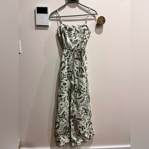 Mango Green Tropical Printed Linen Blend Jumpsuit With Bow XS